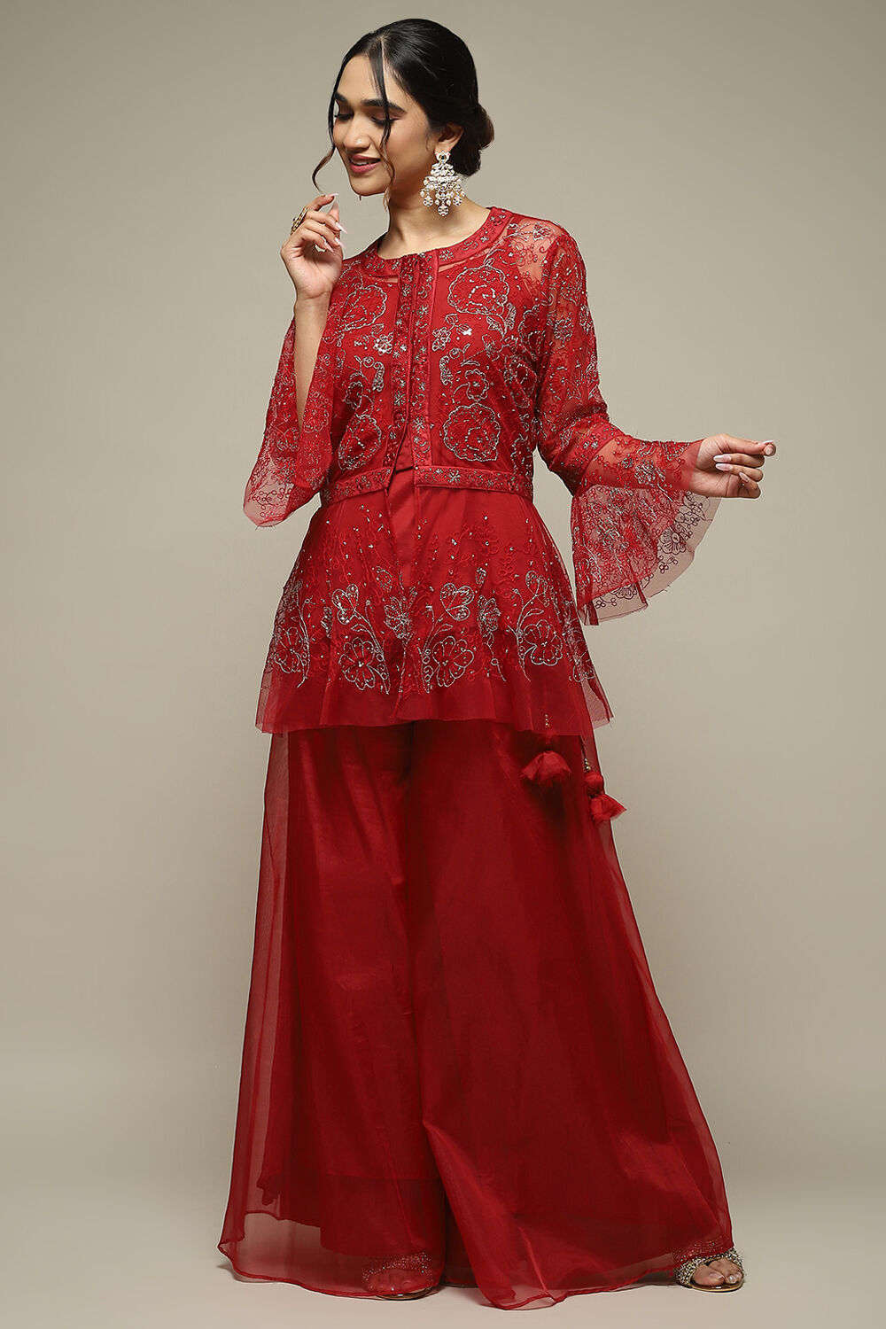 Red Nylon Straight Kurta Sharara Suit Set image number 3