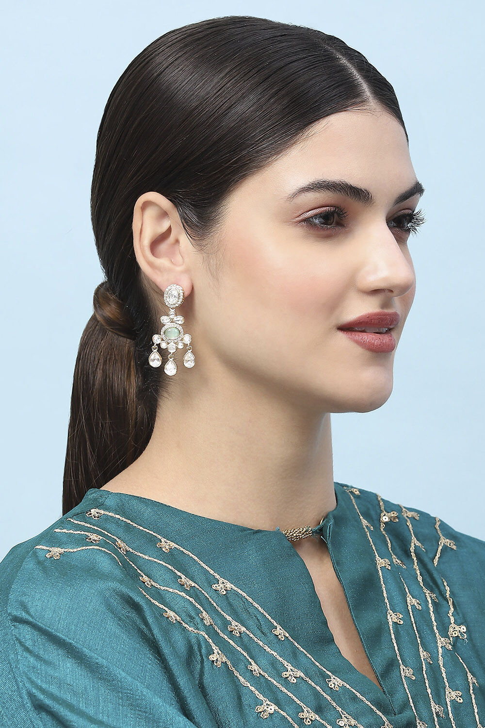 Mint Green Kundan Festive Drop & Danglers image number 1