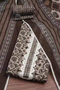 Brown Cotton Screen Print Unstitched Suit Set image number 0
