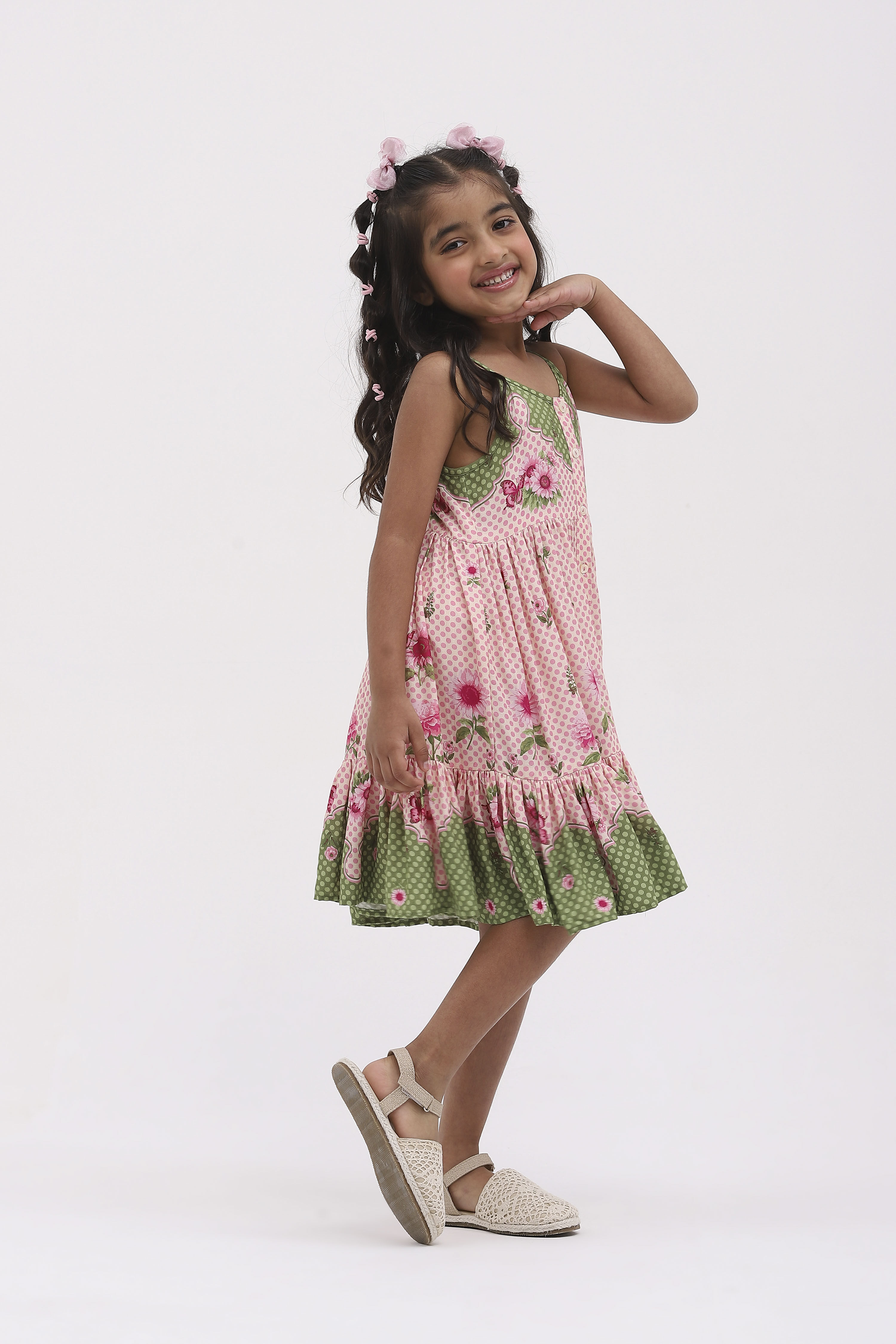 Pink Viscose Rayon Printed Tiered Dress image number 2