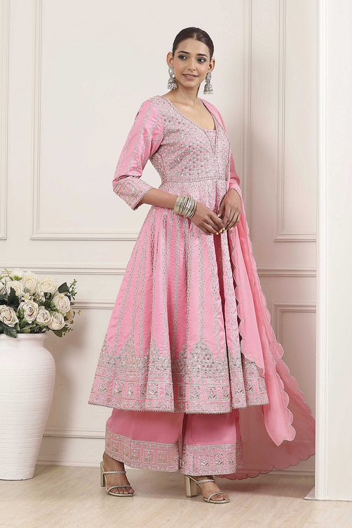 Buy Rose Pink Cotton Silk Anarkali Suit Set Online at Biba India Buy Rose Pink Cotton Silk Anarkali Suit Set Online at Biba India
