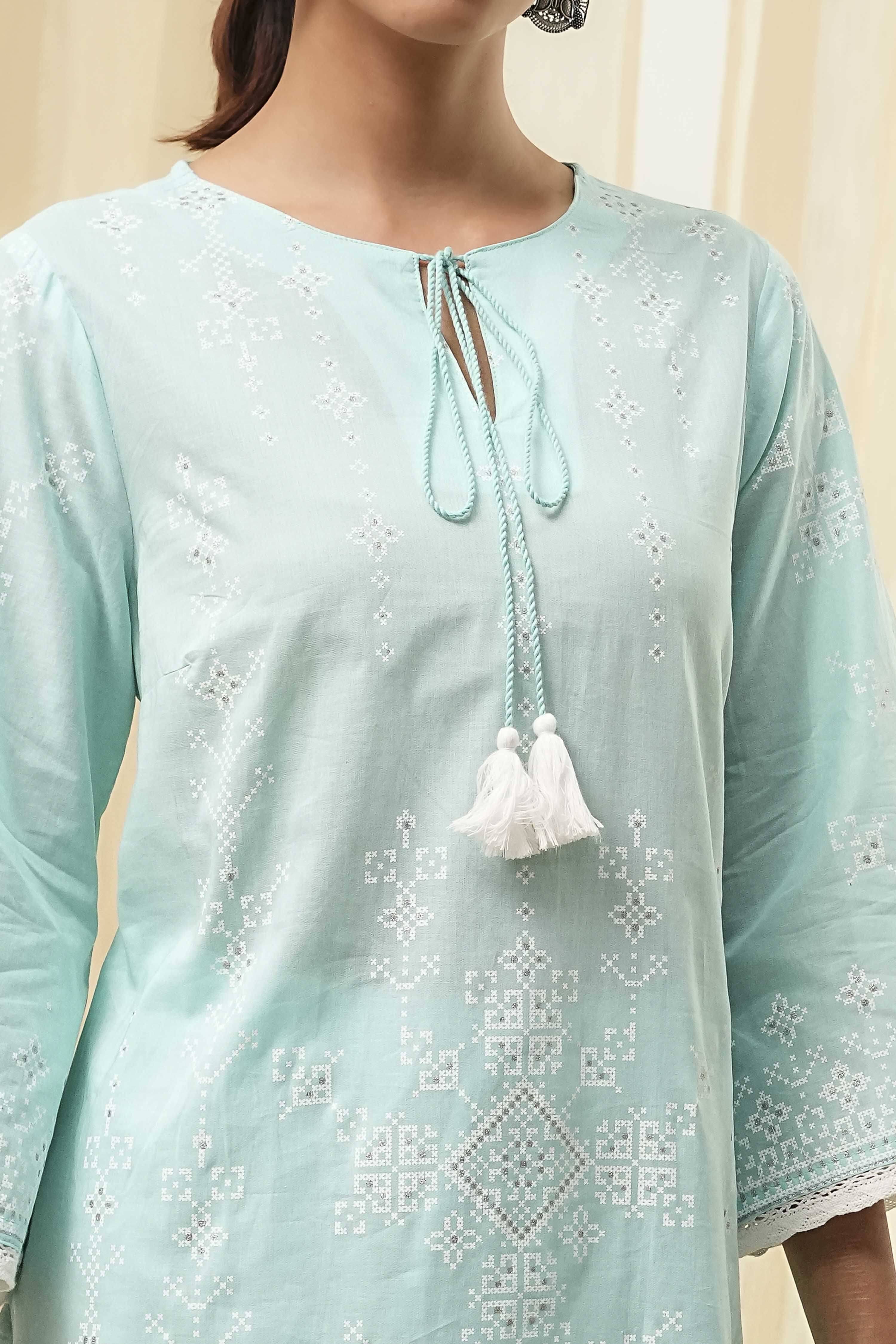 Aqua Cotton Printed Straight Suit Set image number 1