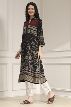Black Viscose Rayon Straight Printed Kurta image number 2