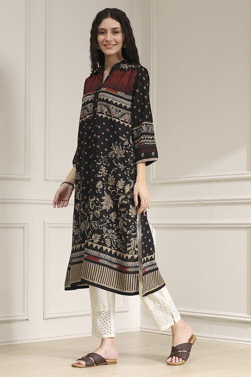 Black Viscose Rayon Straight Printed Kurta image number 2