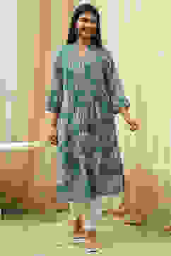 Teal LIVA Straight Printed Kurta image number 0