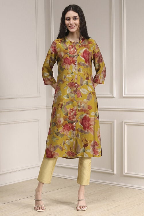 Yellow Floral Printed Straight Kurta image number 5