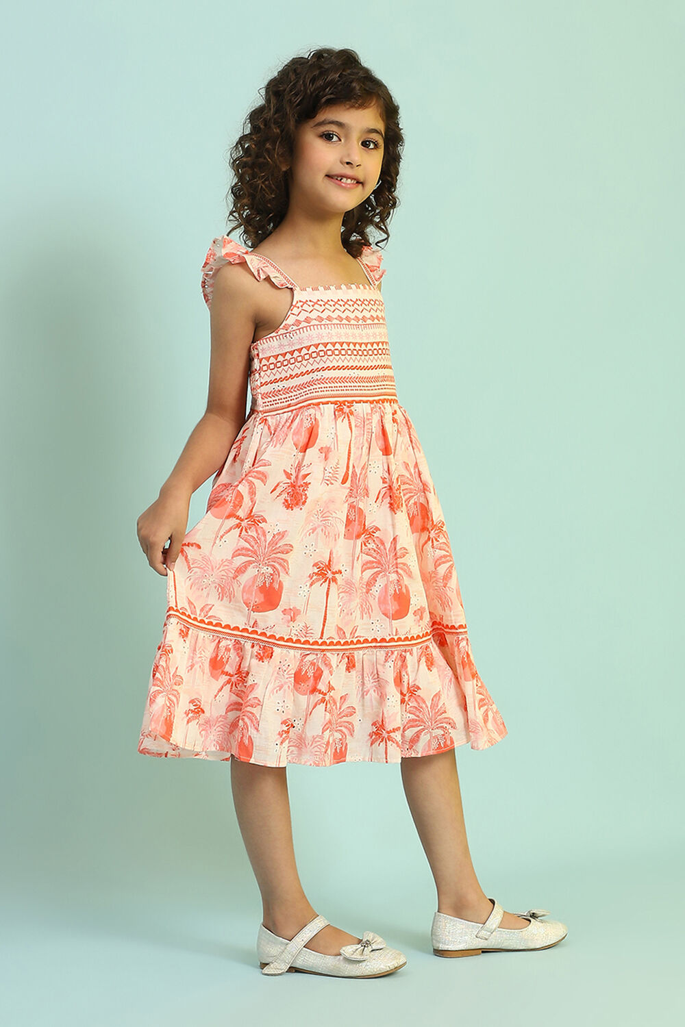 White and Orange Cotton Schiffli Tiered Dress image number 4