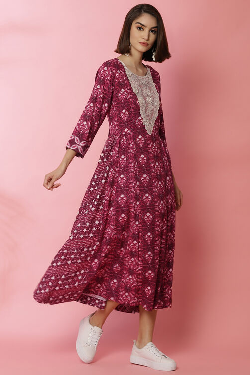 Blue Rayon Flared Lace Printed Dress image number 2