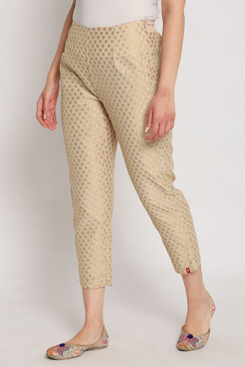 Beige Poly Metallic Cotton Pants image number 2