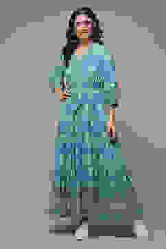 Turquoise Printed Tiered Dress image number 1