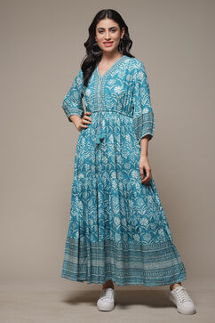 Turquoise Printed Tiered Dress image number 1