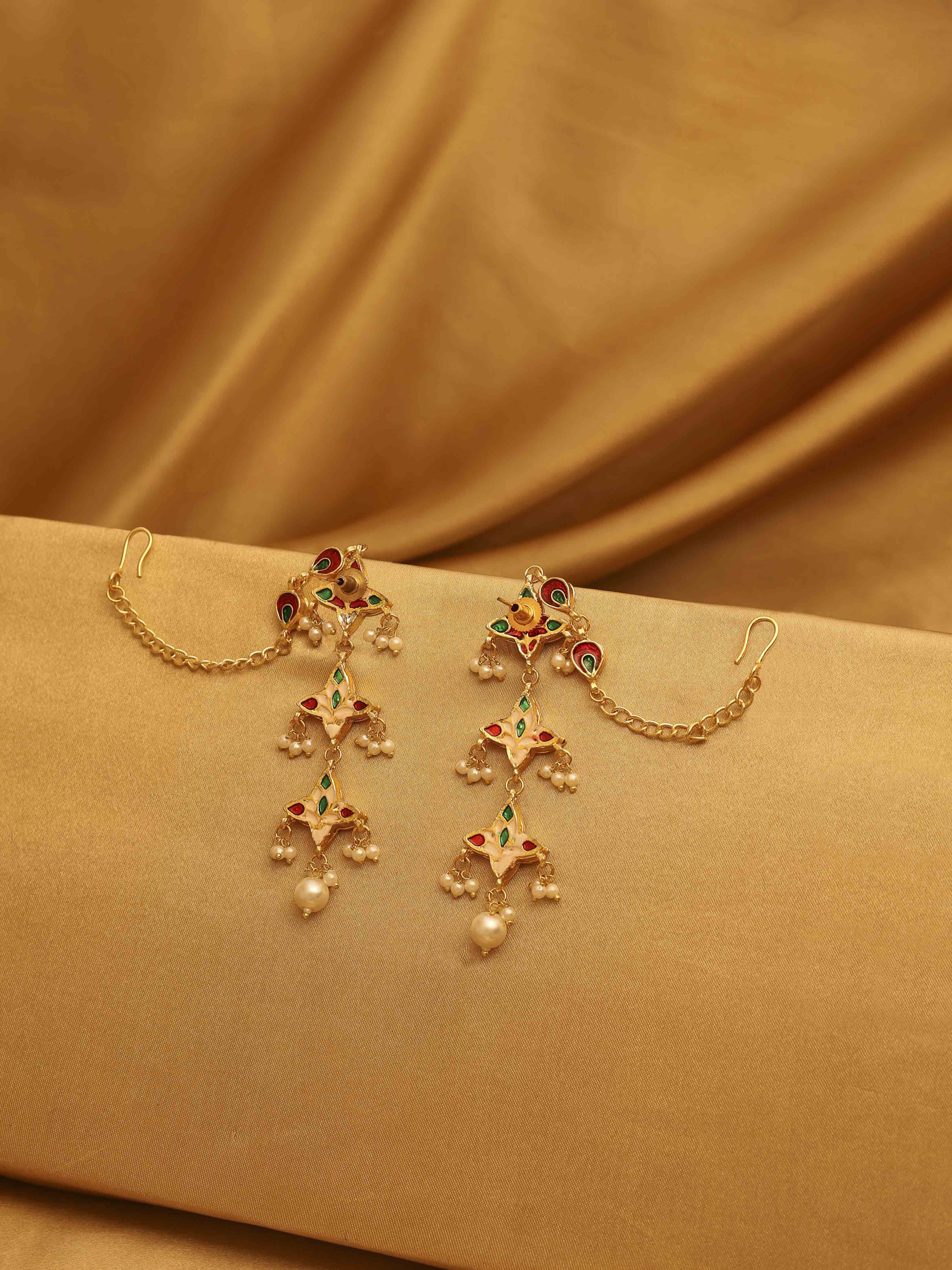 Gold Plated Brass Studded Kaanchain Earrings image number 2