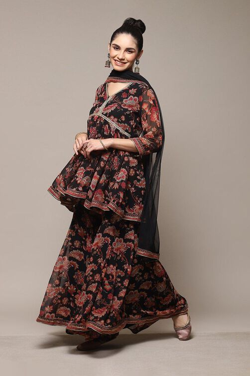 Black Floral Printed Flared Kurti & Garara Suit Set image number 5