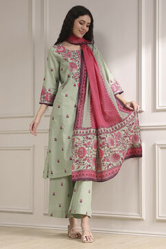Sage Green Cotton Printed Straight Suit Set image number 0