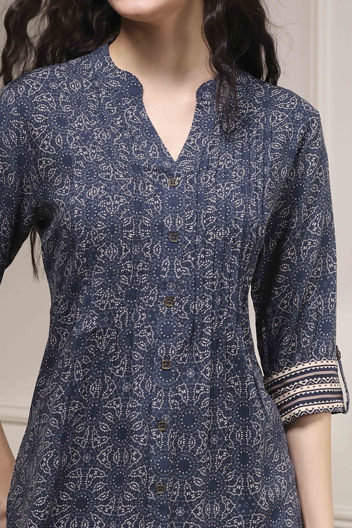 Blue Printed Relaxed Fit Short Kurta image number 1