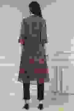 Charcoal and Rust Printed Pleated A-Line Kurta image number 3