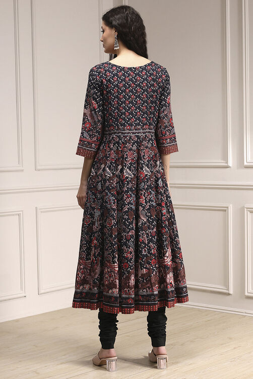 Black Cotton Fitted Anarkali Suit Set image number 4