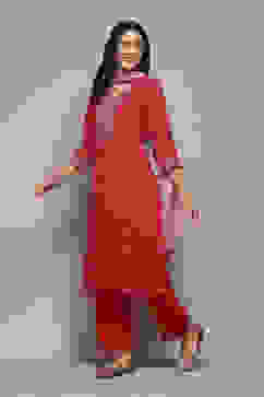 Red Viscose Straight Suit set image number 4