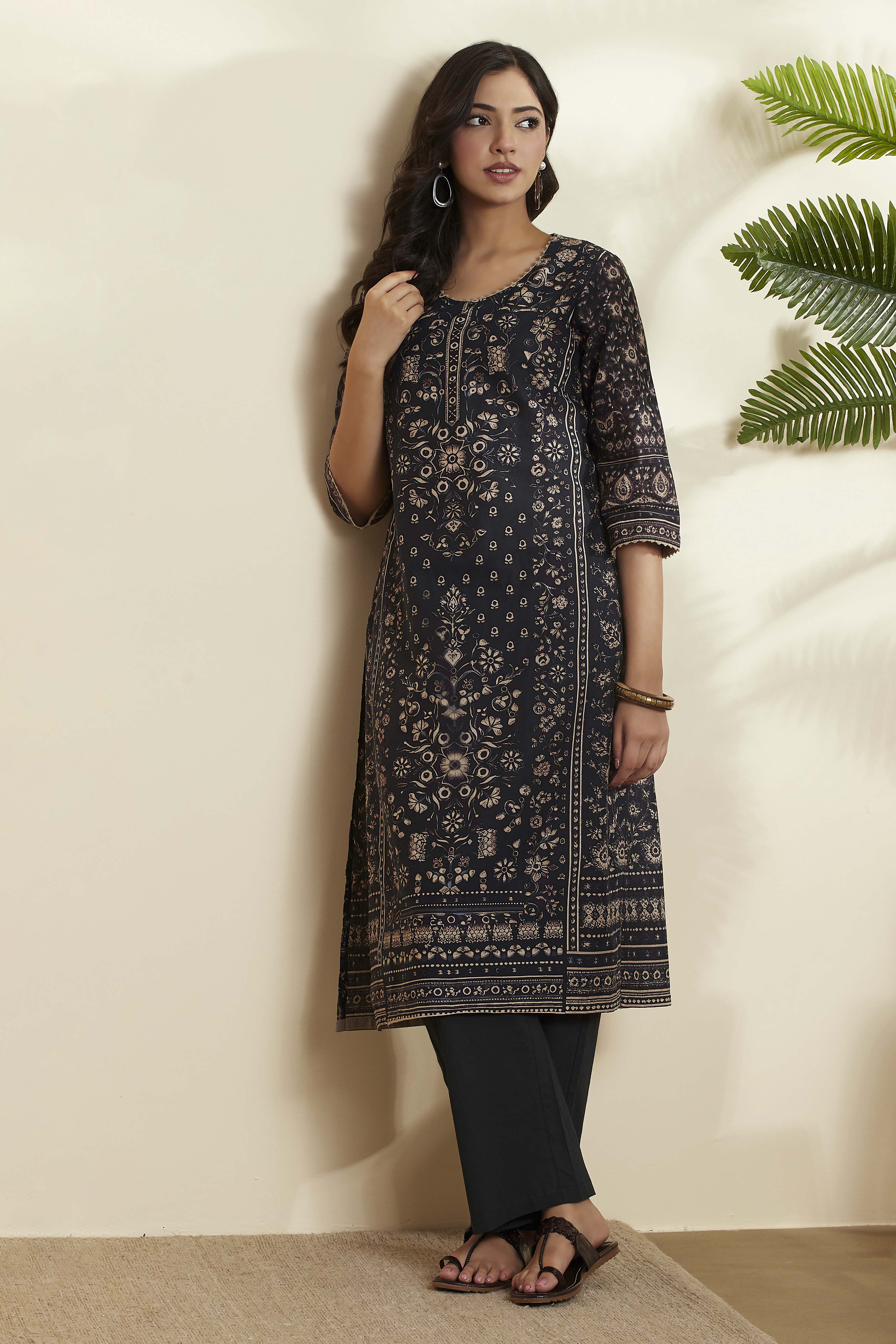 biba Black Cotton Straight KurtaBlack Cotton Straight Kurta-picture-534