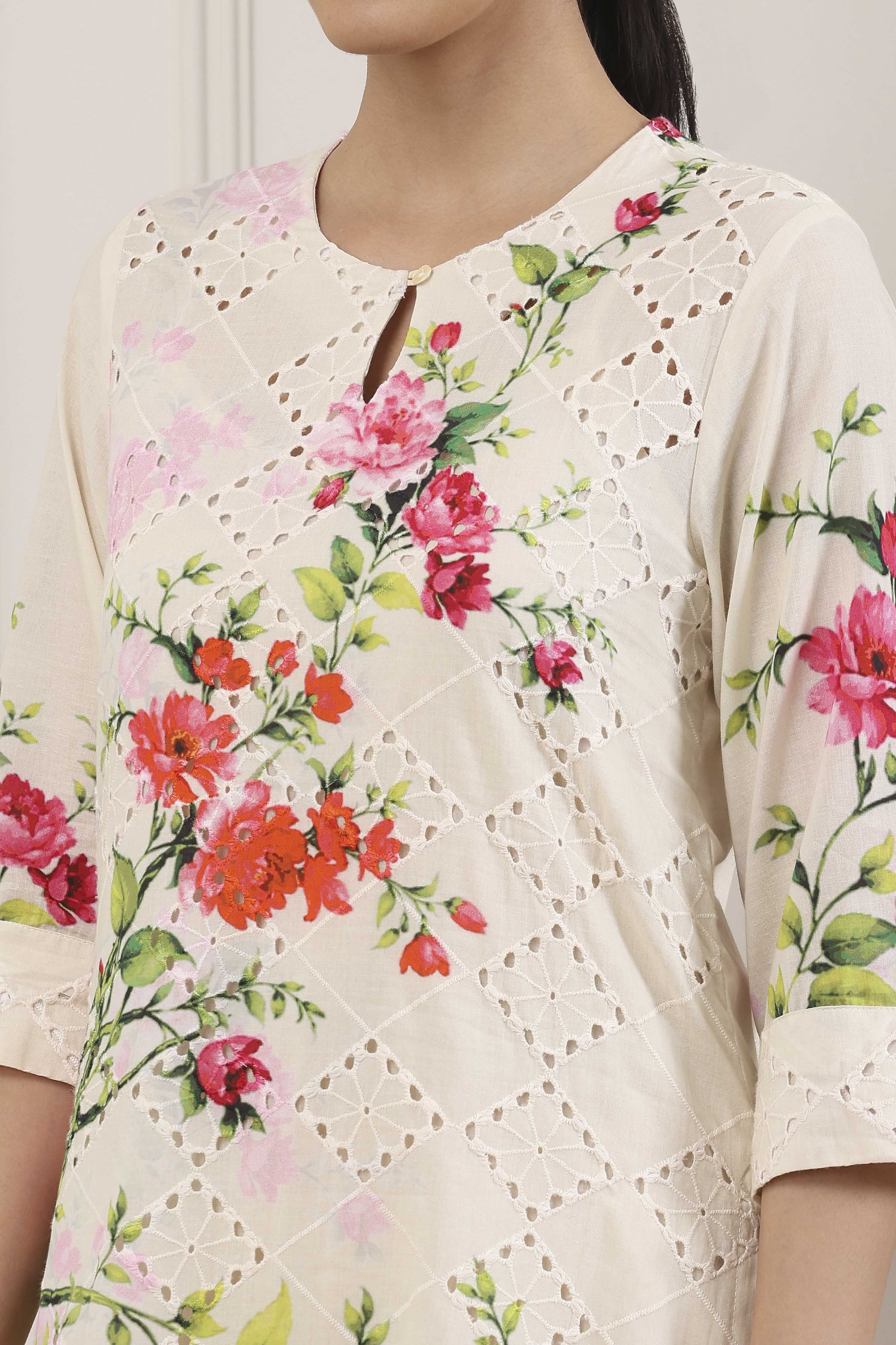 Beige Cotton Straight Suit Set image number 1