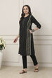 Black Cotton Floral Striped Straight Kurta image number 3