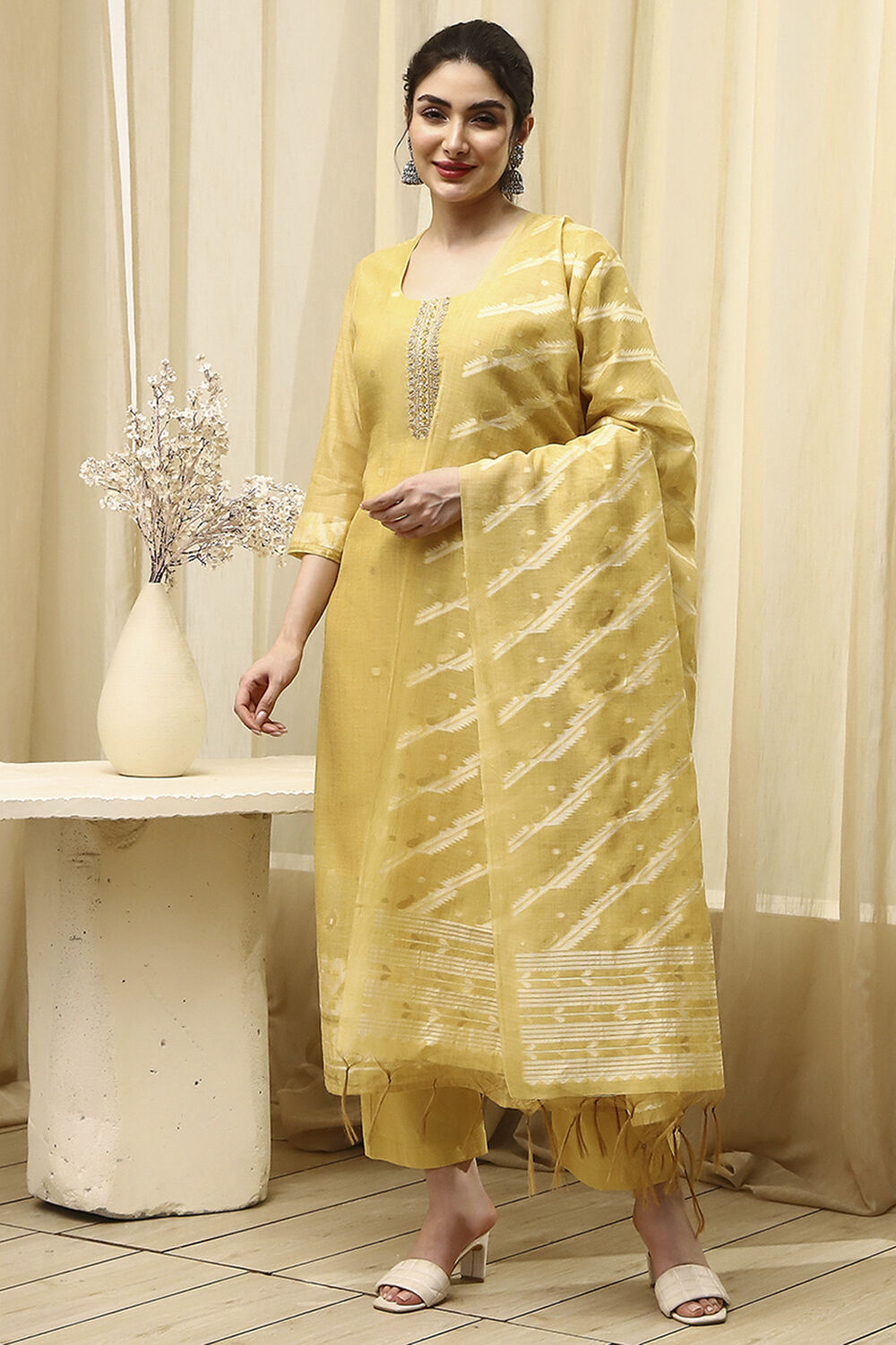 Mustard Chanderi Jamdani Unstitched Suit Set image number 1