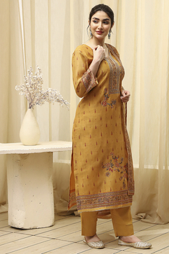 Yellow Chanderi Printed Embroidered Unstitched Suit Set image number 6