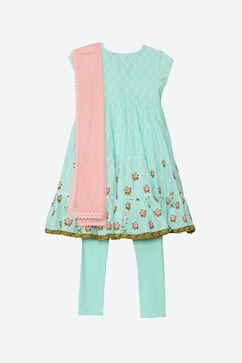 Sky Blue Cotton Anarkali Kurta Churidar Suit Set image number 2