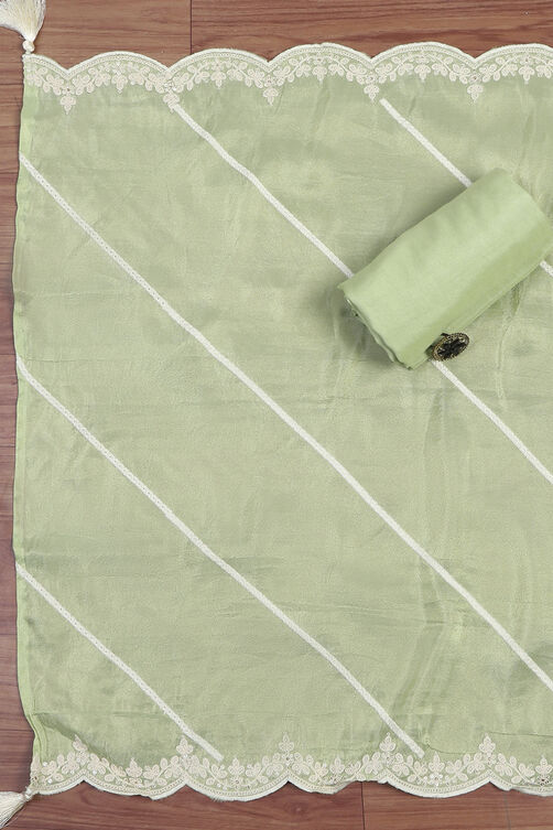 Green Tissue Machine Embroidered Unstitched Suit Set image number 3