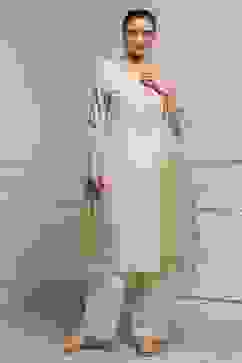 Beige Cotton Linen Yarn-Dyed Embroidered Straight Suit Set image number 6