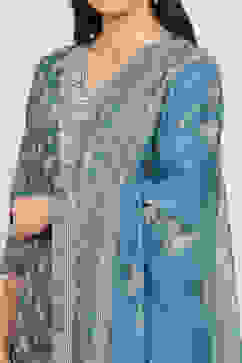 Teal Linen Digital Print Unstitched Suit Set image number 2