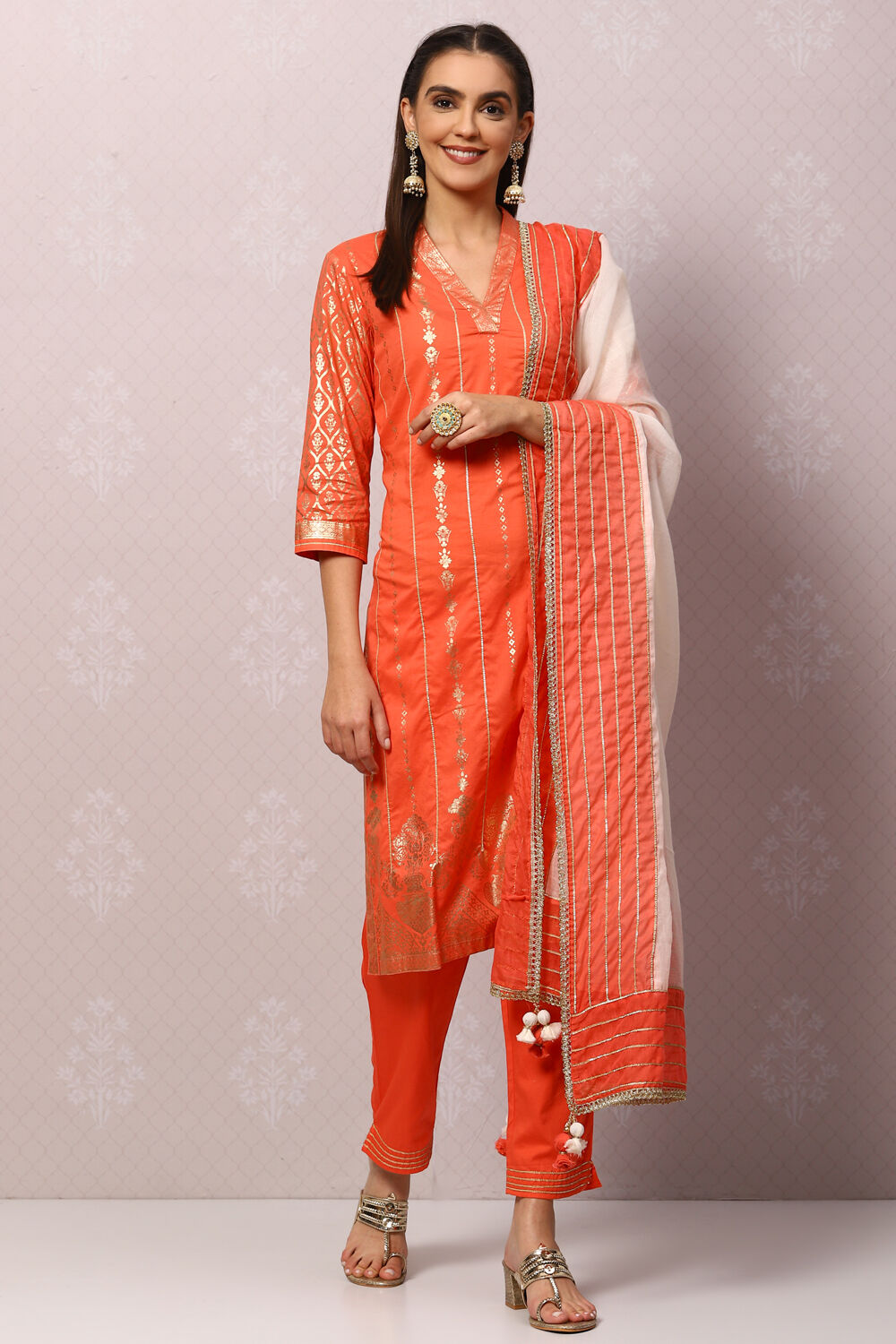 Yellow Cotton Straight Kurta Slim Pant Suit Set image number 0