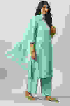 Turquoise Straight Kurta Palazzo Suit Set image number 5