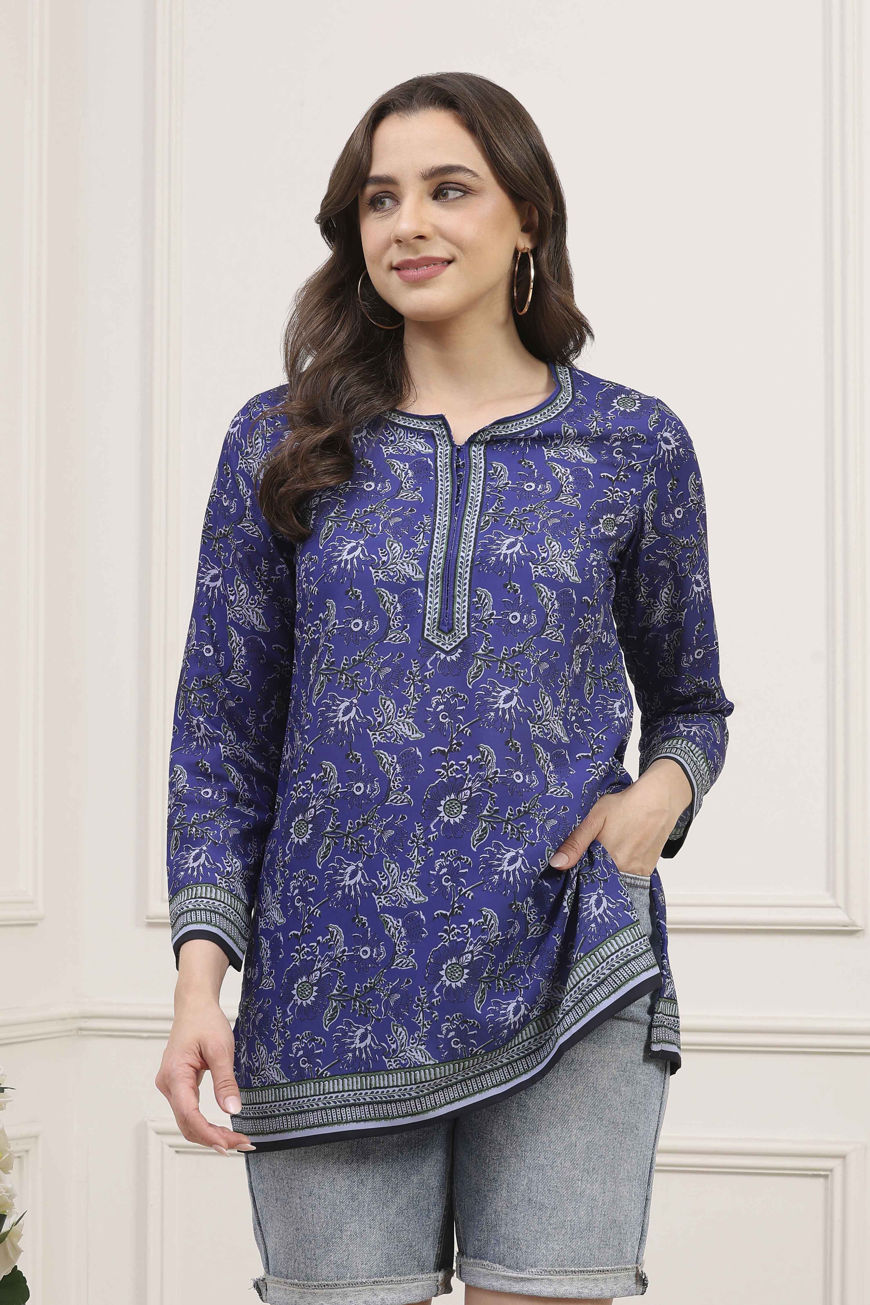 Blue Polyester Printed Straight Kurti image number 5