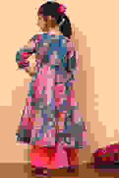Teal and Pink Floral Printed Flared Festive Suit Set image number 5