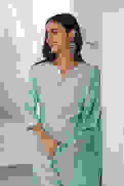 Aqua Yard-Dyed Chanderi Kurta & Pants Suit Set image number 9