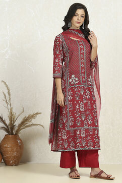 Green-Maroon Cotton Unstitched Suit Set image number 6