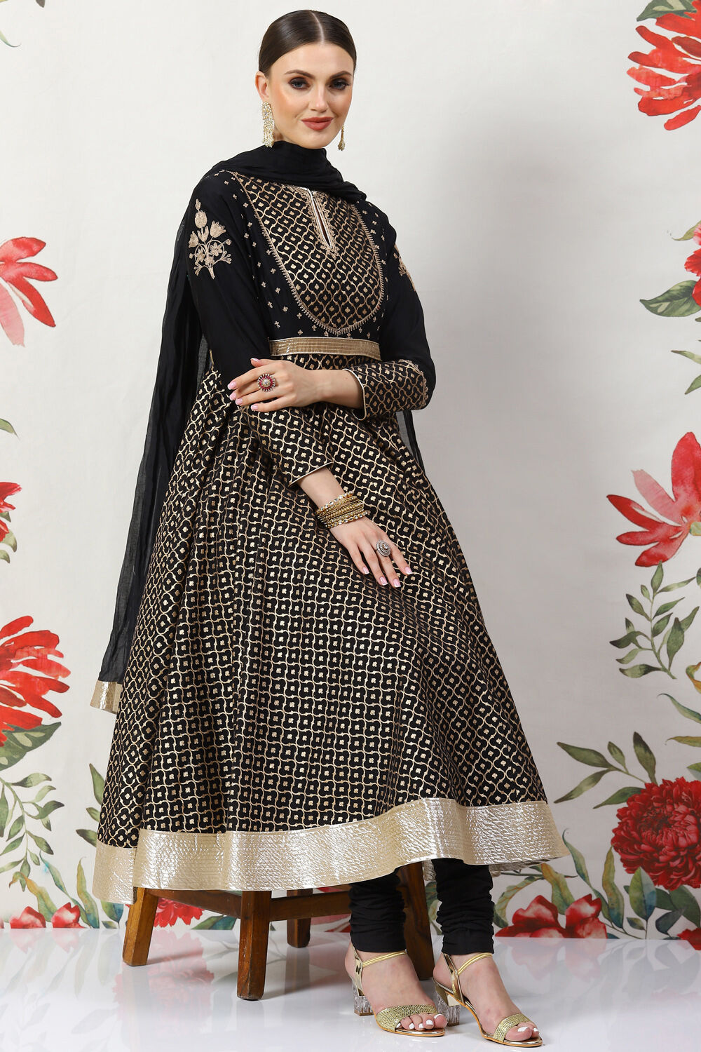Black Cotton Silk Anarkali Yarndyed Suit Set image number 8