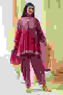 Fuchsia Viscose Floral Printed Peplum Suit Set image number 5