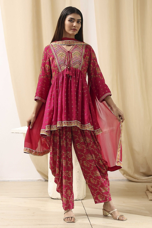 Fuchsia Viscose Floral Printed Peplum Suit Set image number 5