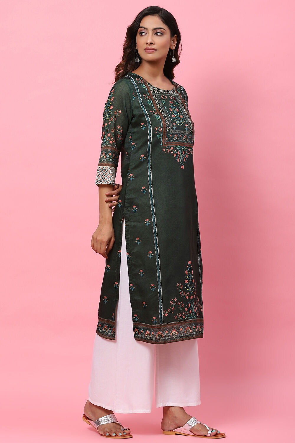 Dark Green A-Line Cotton Kurta image number 3