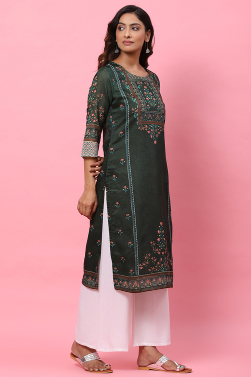 Dark Green A-Line Cotton Kurta image number 3