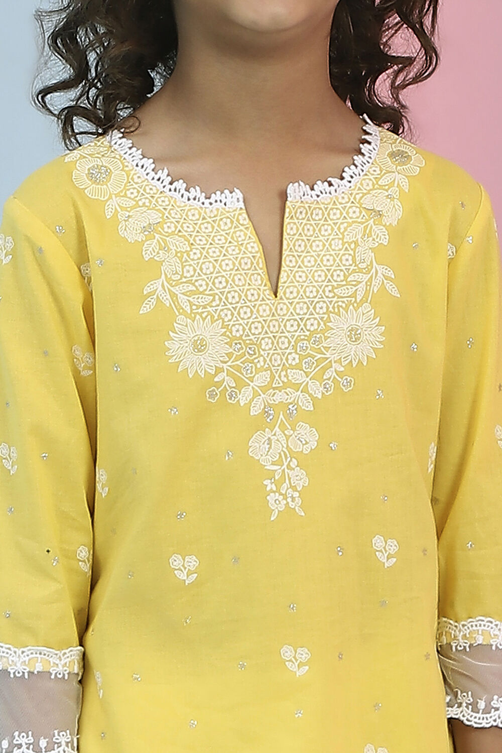 Yellow and White Cotton Printed Kurta Set image number 1