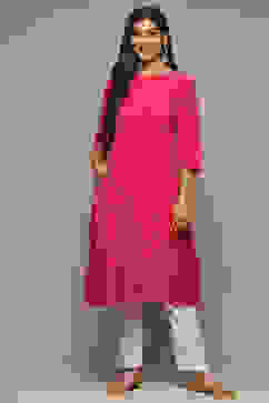 Fuschia Cotton IKAT Straight Yarndyed Kurta image number 0