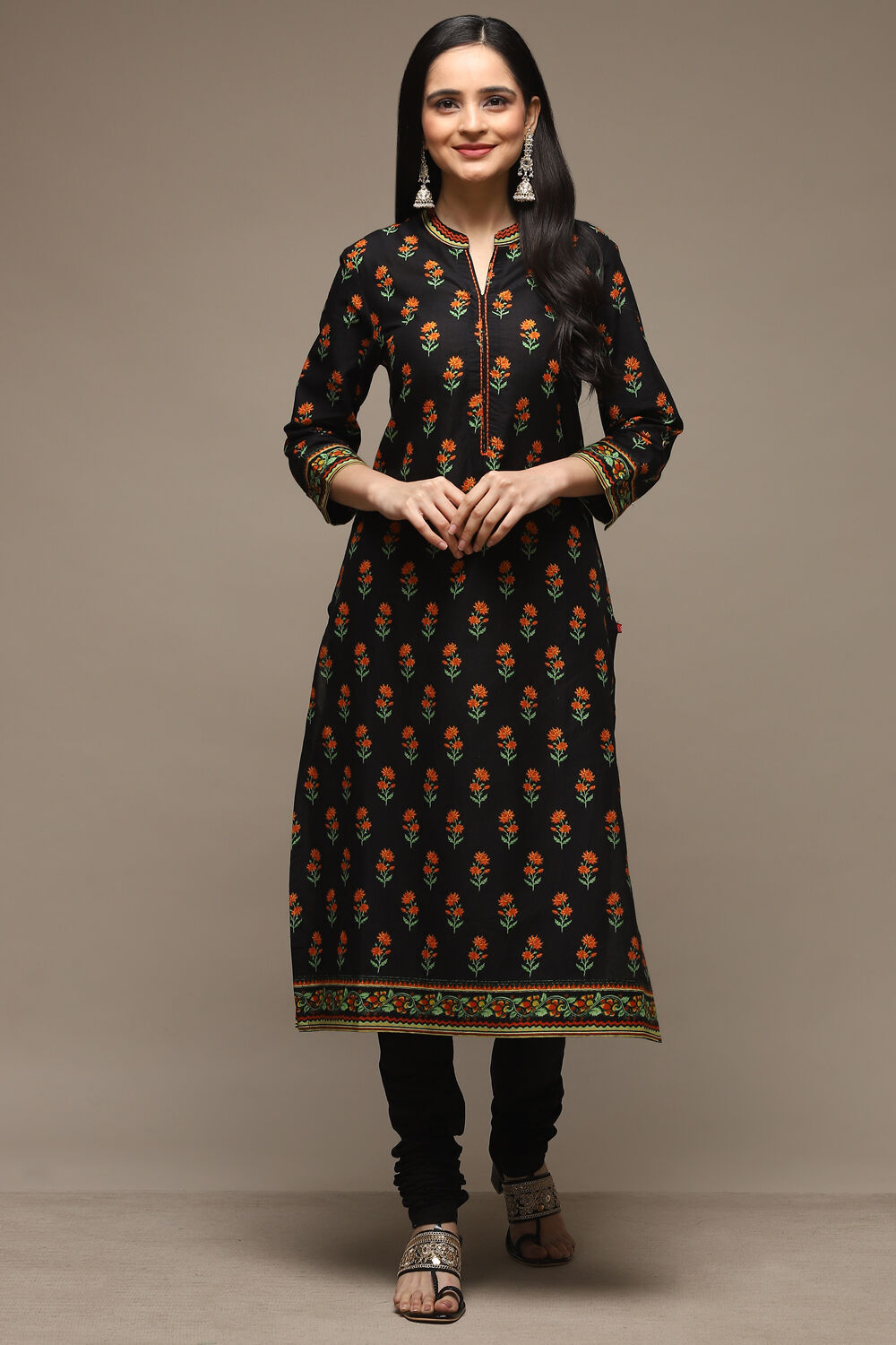 Black Cotton Straight Kurta Churidar Suit Set image number 6