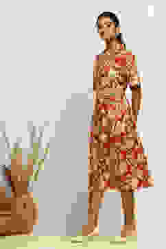 Rust Pure Cotton Floral Printed Straight Dress image number 2