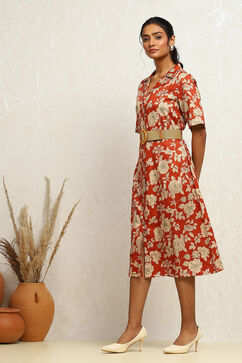 Rust Pure Cotton Floral Printed Straight Dress image number 2