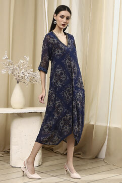 Blue Georgette Printed Asymmetric Dress image number 4