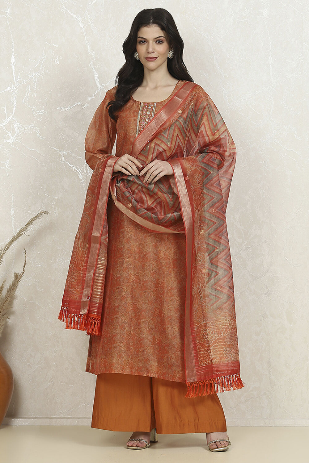 Orange Chanderi Unstitched Suit Set image number 1