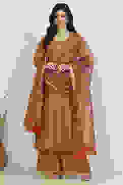 Orange Chanderi Unstitched Suit Set image number 1